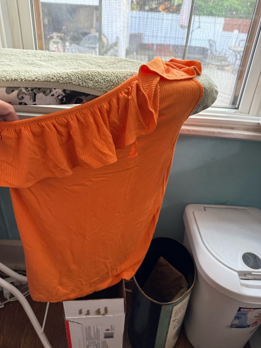 LOFT Orange Ribbed Top with Ruffle Neckline